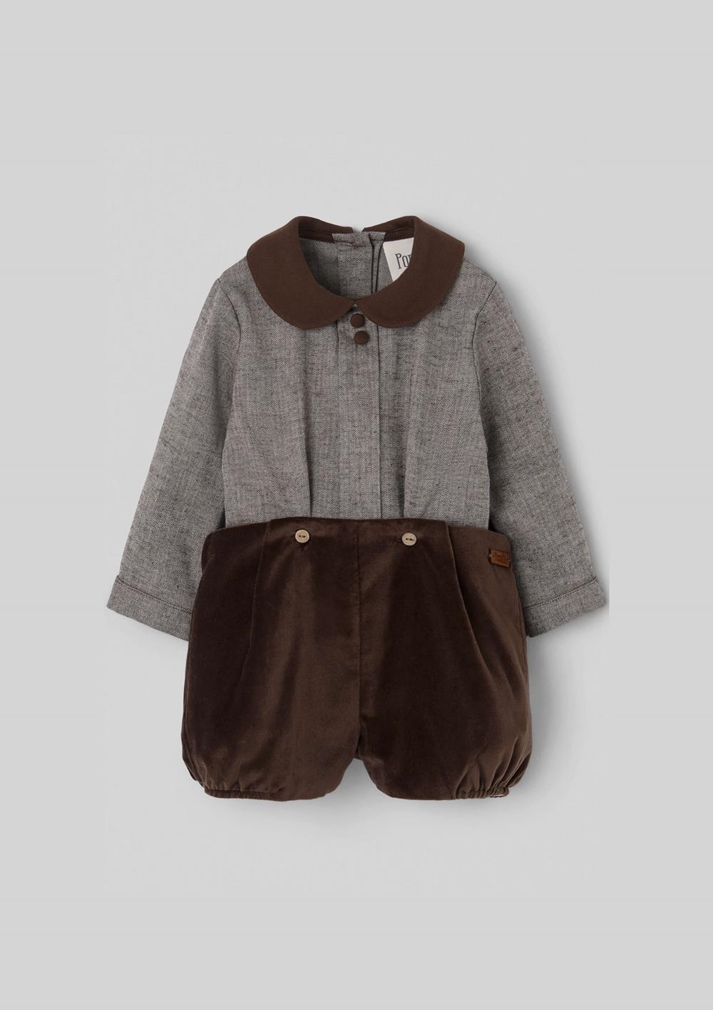 Mod.6.2 Brown velvet contrasting two-piece baby playsuit | AW26.27 Mod.6.2 Brown velvet contrasting two-piece baby playsuit