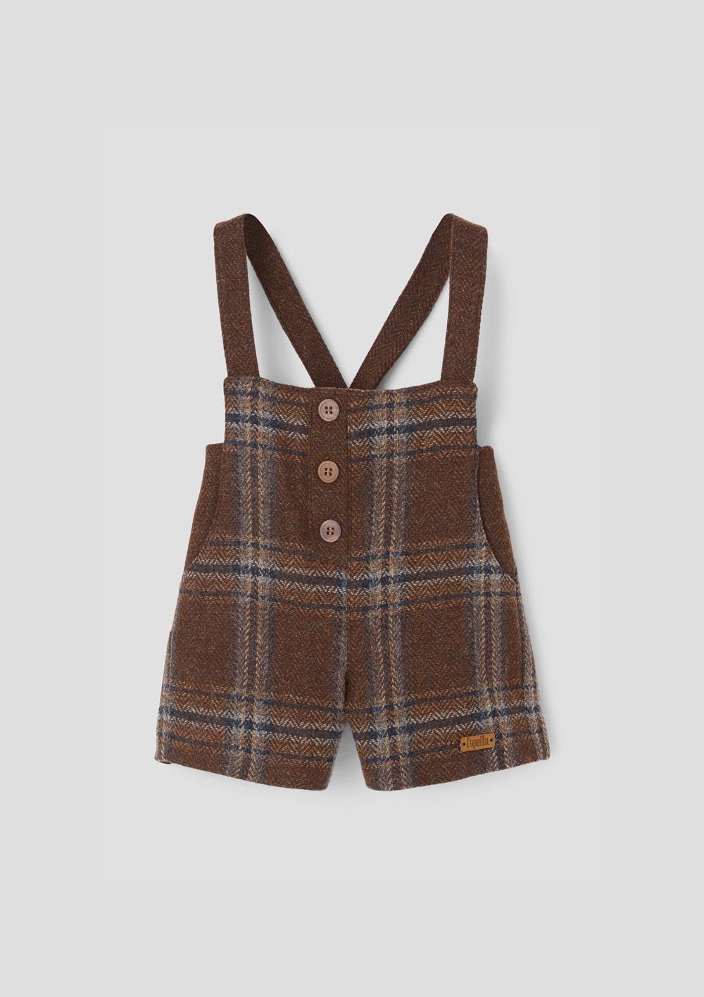 Mod.7.2 Brown plaid wollen dungarees with crossover straps and pockets | AW26.27 Mod.7.2 Brown plaid wollen dungarees with crossover straps and pockets