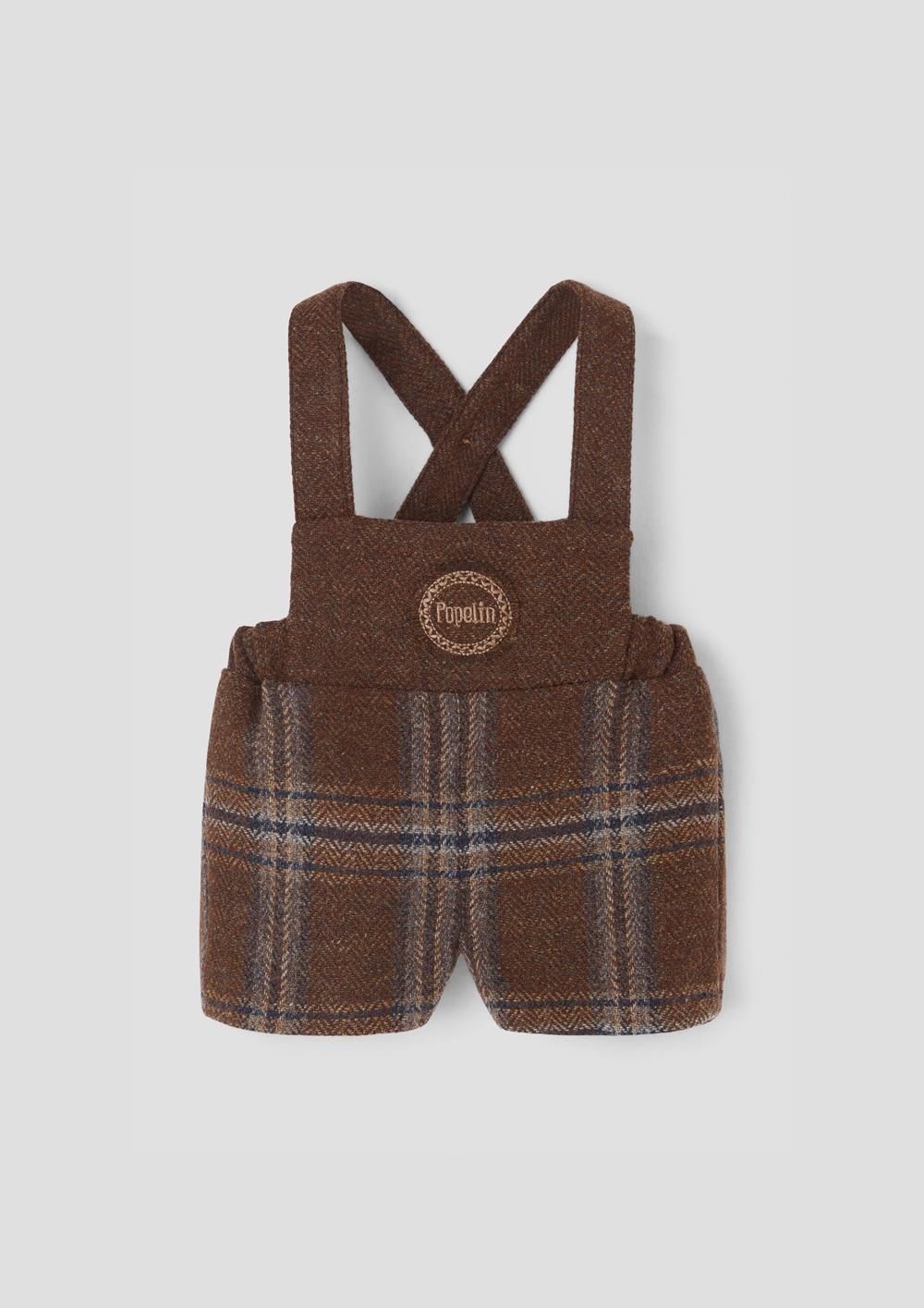 Mod.8.1 Brown plaid woollen short dungarees with embroidery appliqué | AW26.27 Mod.8.1 Brown plaid woollen short dungarees with embroidery appliqué