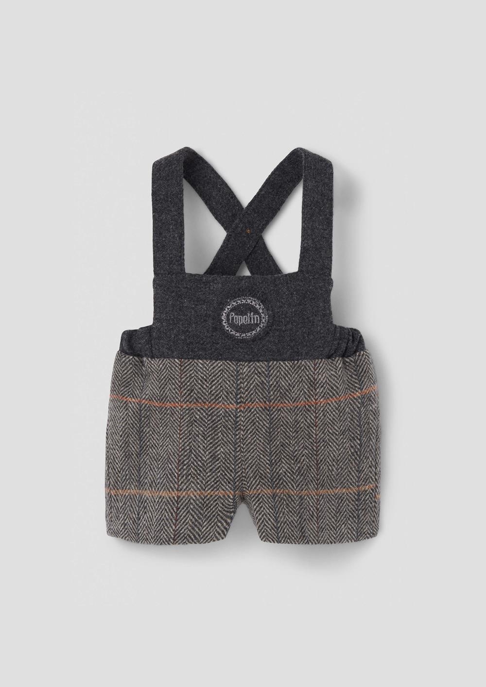 Mod.8.3 Grey herringbone woollen short dungarees with embroidery appliqué | AW26.27 Mod.8.3 Grey herringbone woollen short dungarees with embroidery appliqué