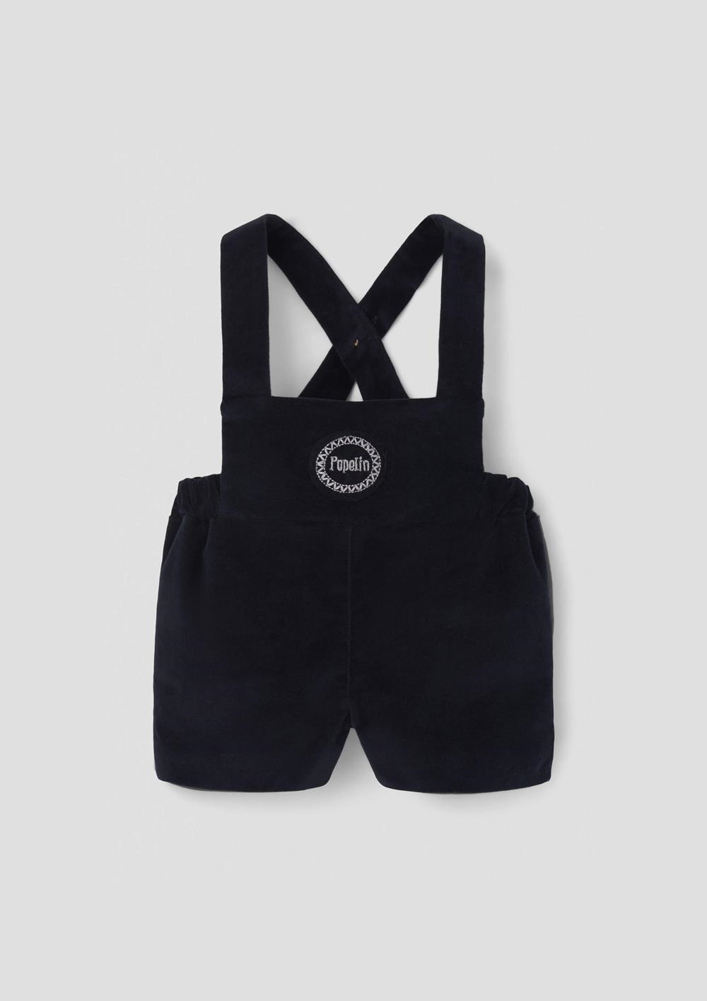 Mod.8.4 Black velvet short dungarees with embroidery appliqué | AW26.27 Mod.8.4 Black velvet short dungarees with embroidery appliqué