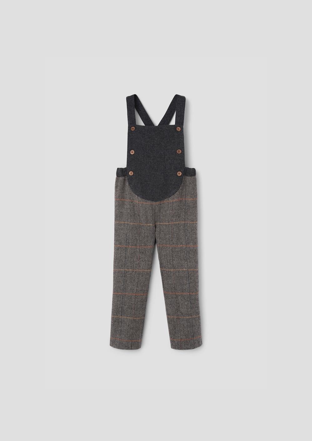 Mod.10.2 Grey herringbone woollen full length dungarees with rounded yoke | AW26.27 Mod.10.2 Grey herringbone woollen full length dungarees with rounded yoke