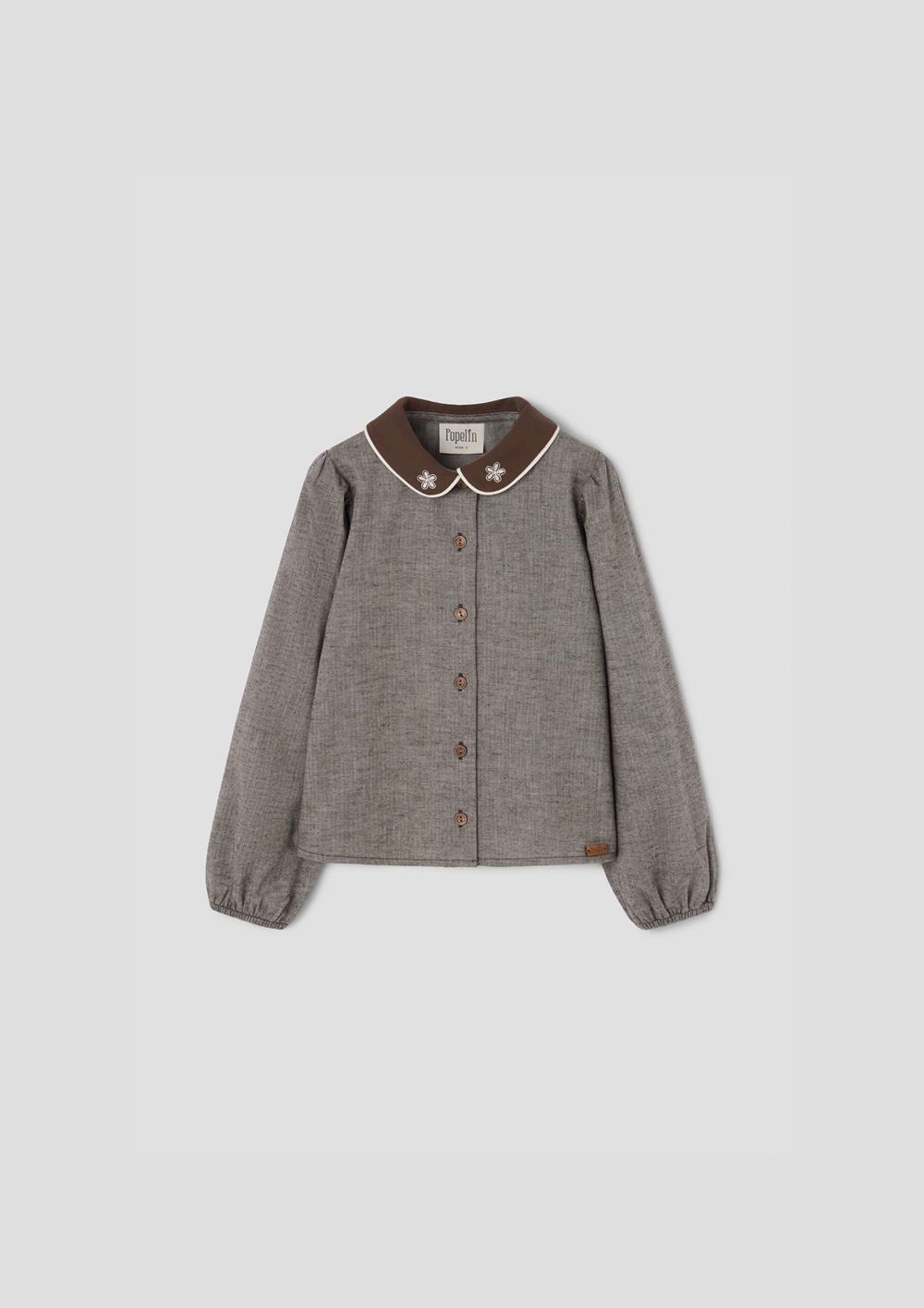 Mod.15.4 Brown herringbone blouse with embroidered baby collar | AW26.27 Mod.15.4 Brown herringbone blouse with embroidered baby collar