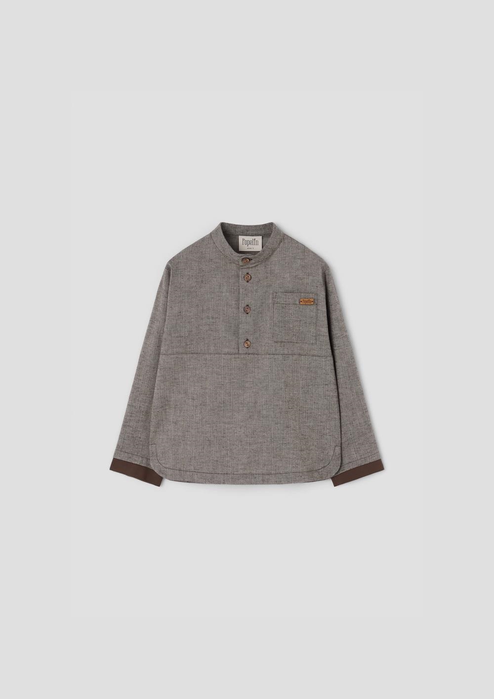Mod.23.1 Brown herringbone contrasting shirt with Mandarin collar | AW26.27 Mod.23.1 Brown herringbone contrasting shirt with Mandarin collar