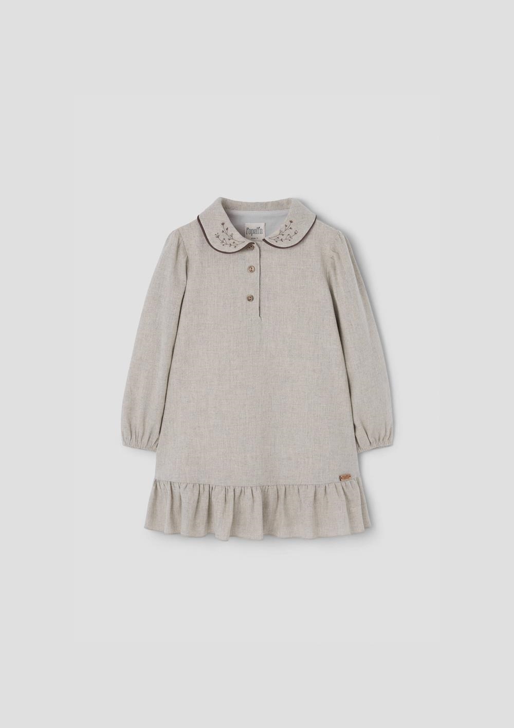 Mod.41.1 Sand short dress with embroidered baby collar | AW26.27 Mod.41.1 Sand short dress with embroidered baby collar