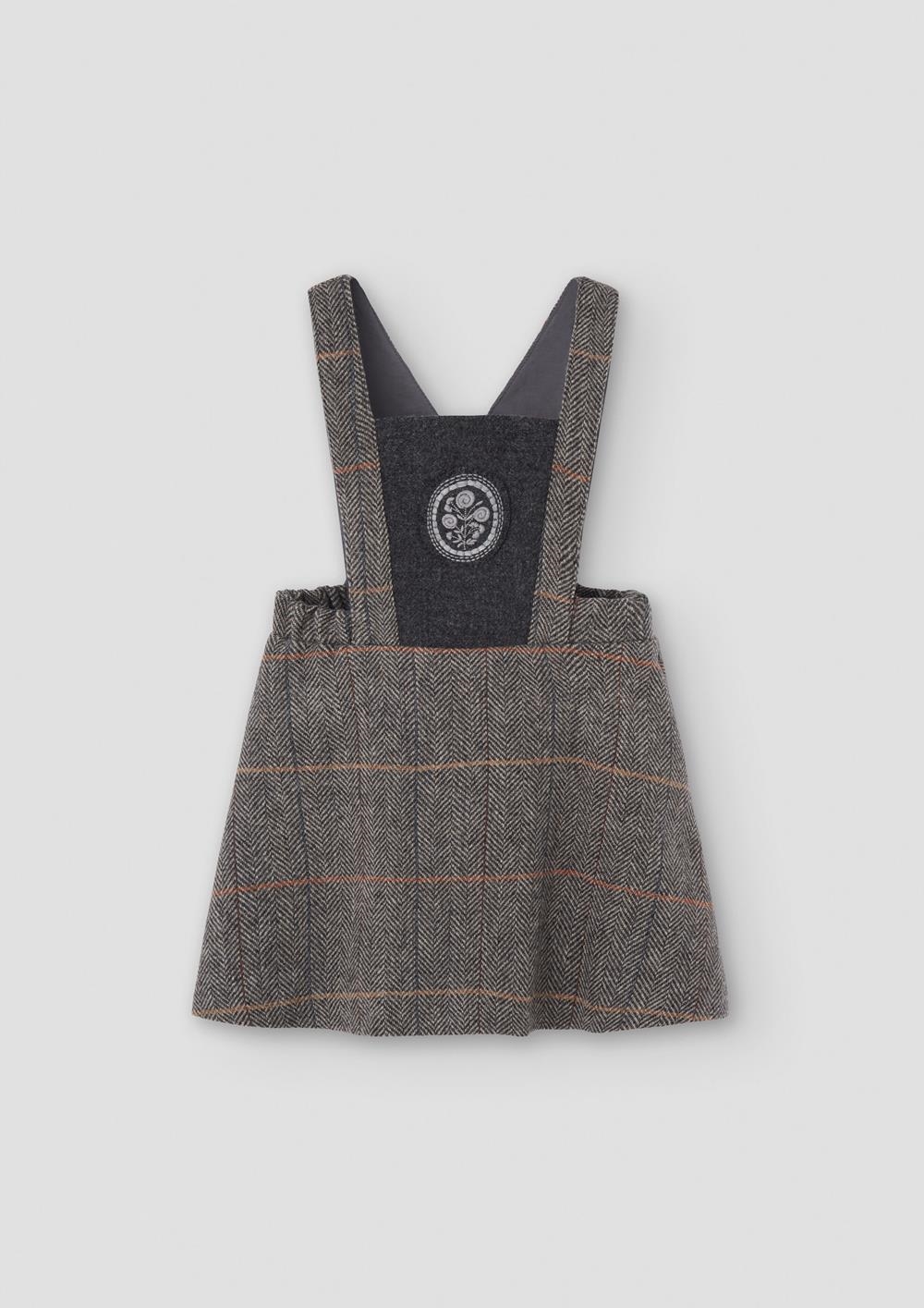 Mod.42.1 Grey herringbone woollen short dress with embroidered bib yoke | AW26.27 Mod.42.1 Grey herringbone woollen short dress with embroidered bib yoke