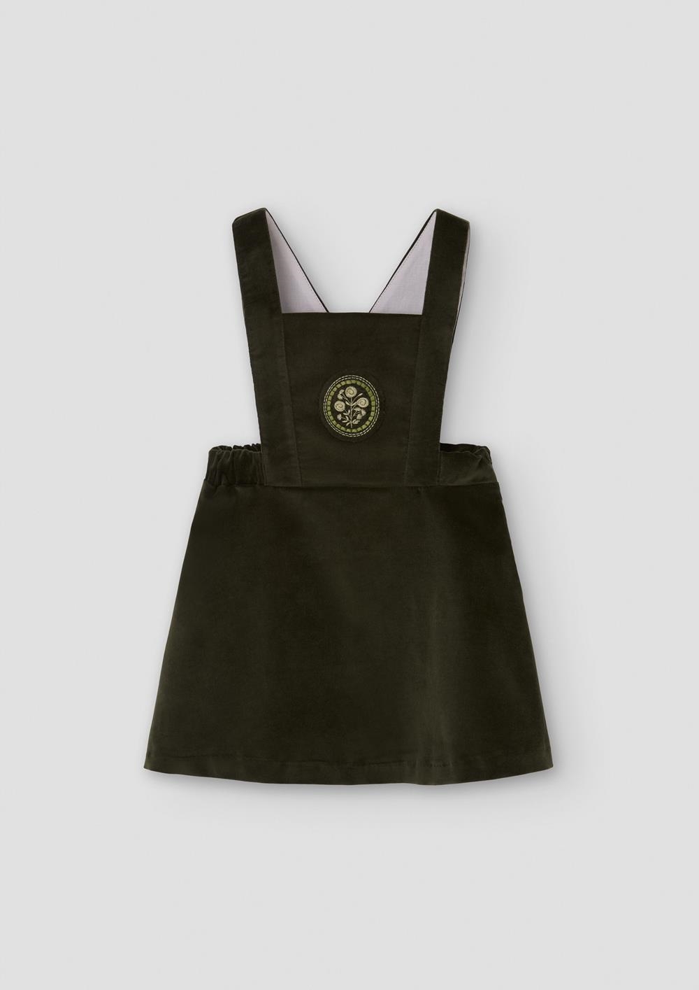 Mod.42.6 Moss green velvet short dress with embroidered bib yoke | AW26.27 Mod.42.6 Moss green velvet short dress with embroidered bib yoke
