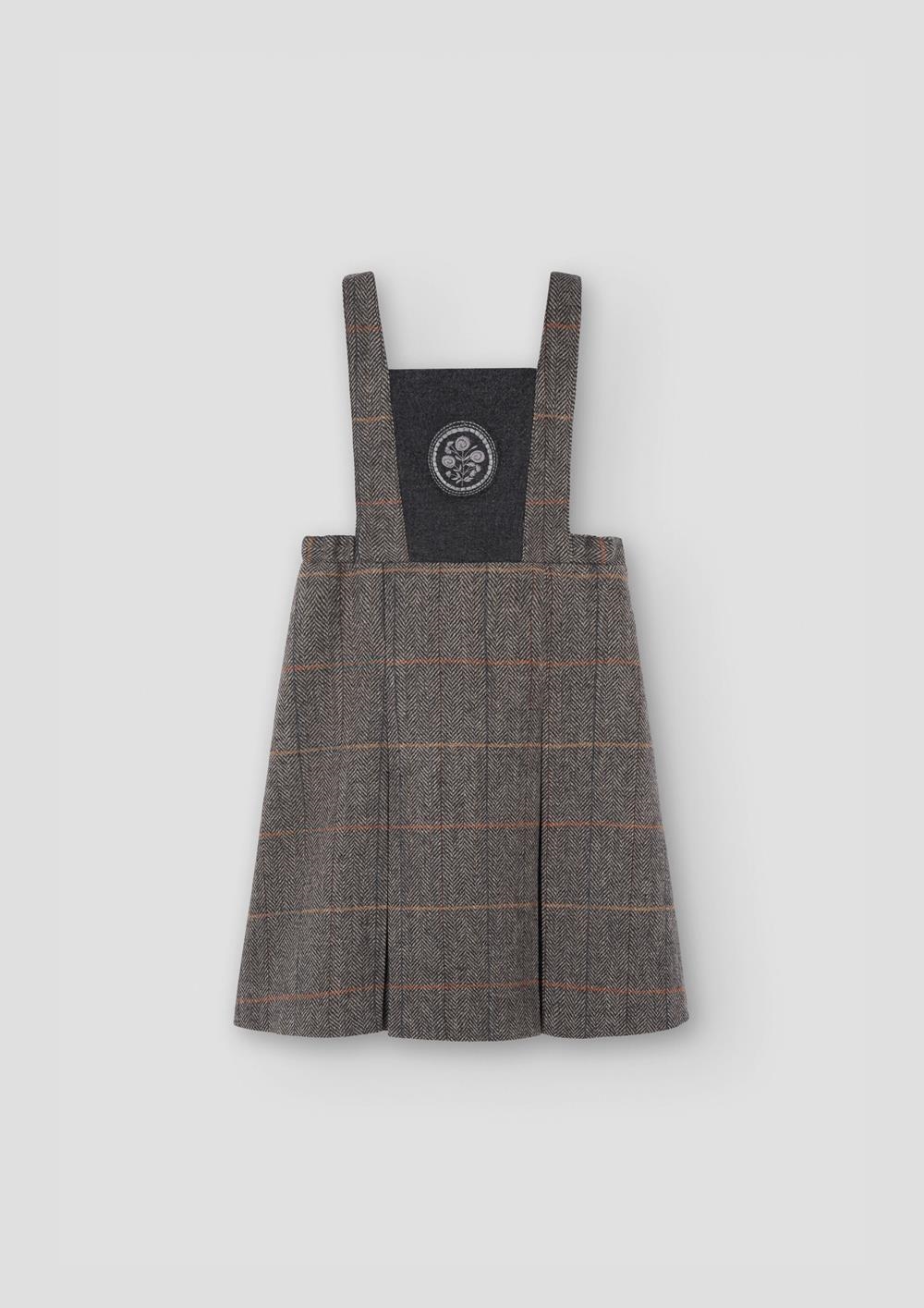 Mod.49.1 Grey herringbone woollen dress with embroidered bib yoke | AW26.27 Mod.49.1 Grey herringbone woollen dress with embroidered bib yoke