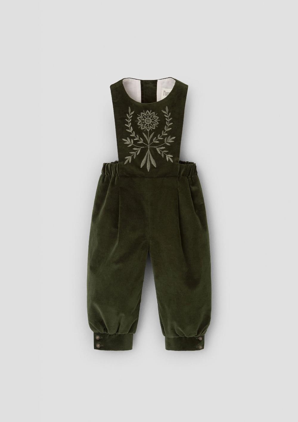 Mod.100.1 Moss green velvet dungaree with embroidered bib | AW26.27 Mod.100.1 Moss green velvet dungaree with embroidered bib