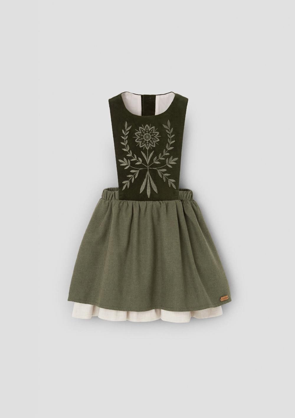 Mod.101.1 Moss green short dress with embroidered bib | AW26.27 Mod.101.1 Moss green short dress with embroidered bib