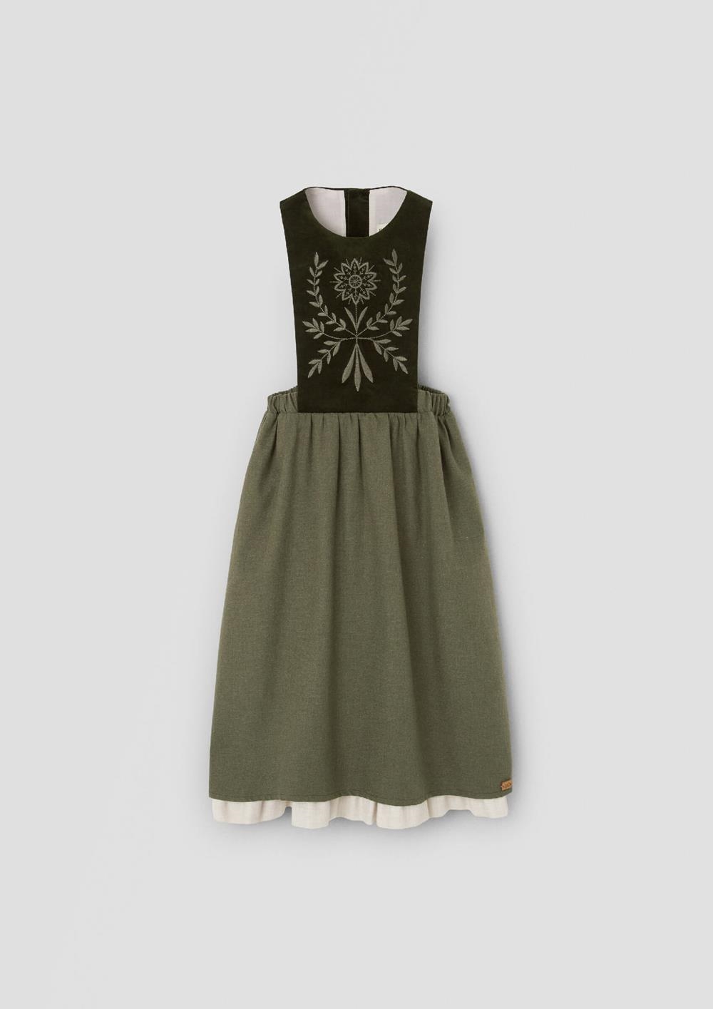 Mod.102.1 Moss green midi dress with embroidered bib | AW26.27 Mod.102.1 Moss green midi dress with embroidered bib