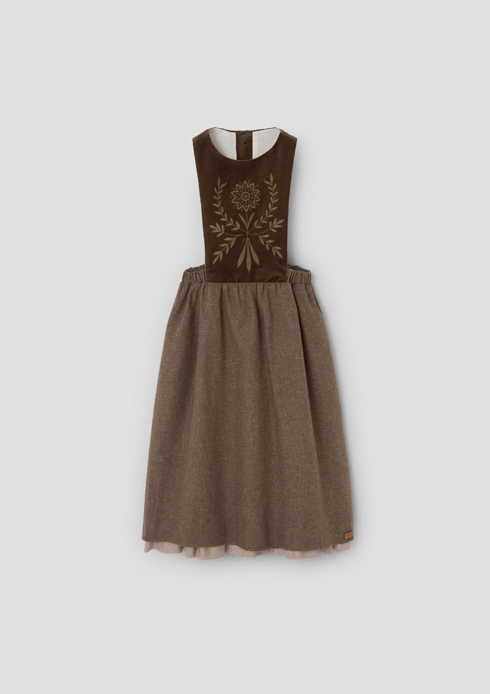 Mod.102.2 Brown midi dress with embroidered bib | AW26.27 Mod.102.2 Brown midi dress with embroidered bib
