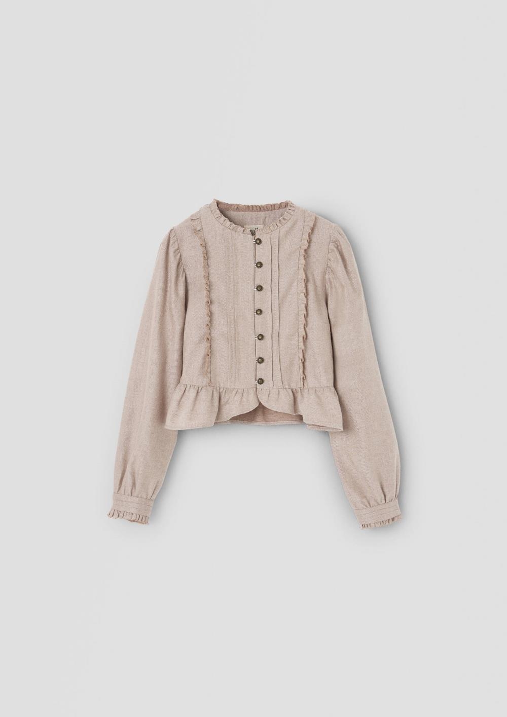 Mod.105.2 Tan shirt with tucks and ruffles | AW26.27 Mod.105.2 Tan shirt with tucks and ruffles