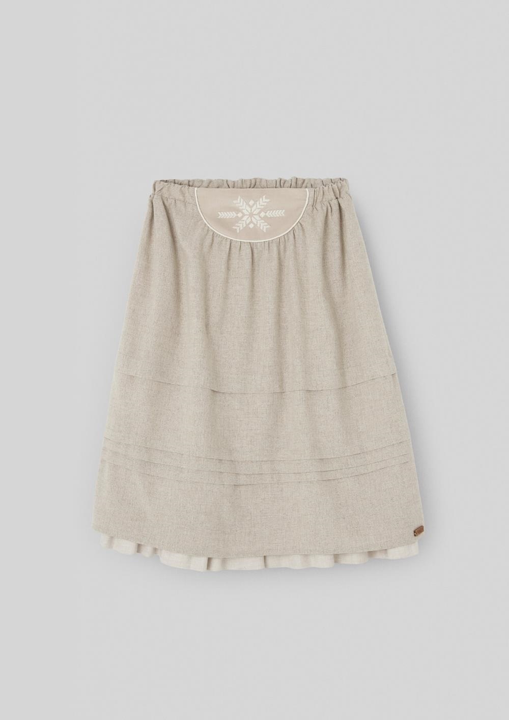 Mod.104.1 Sand Midi skirt with tucks and embroidered yoke | AW26.27 Mod.104.1 Sand Midi skirt with tucks and embroidered yoke