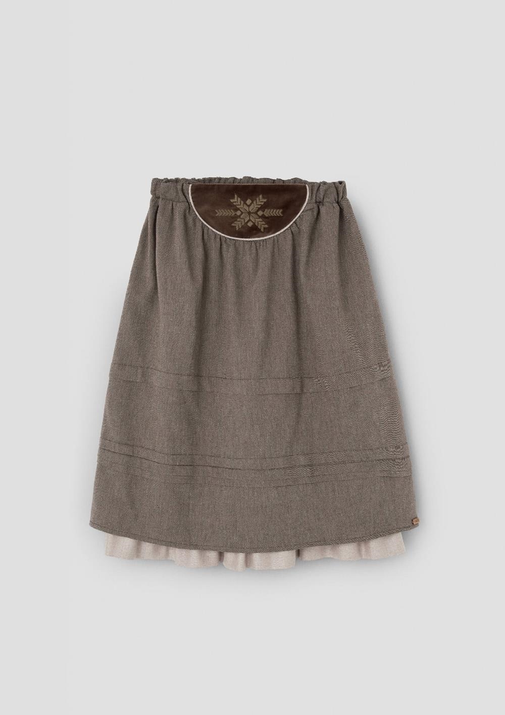 Mod.104.2 Brown Midi skirt with tucks and embroidered yoke | AW26.27 Mod.104.2 Brown Midi skirt with tucks and embroidered yoke