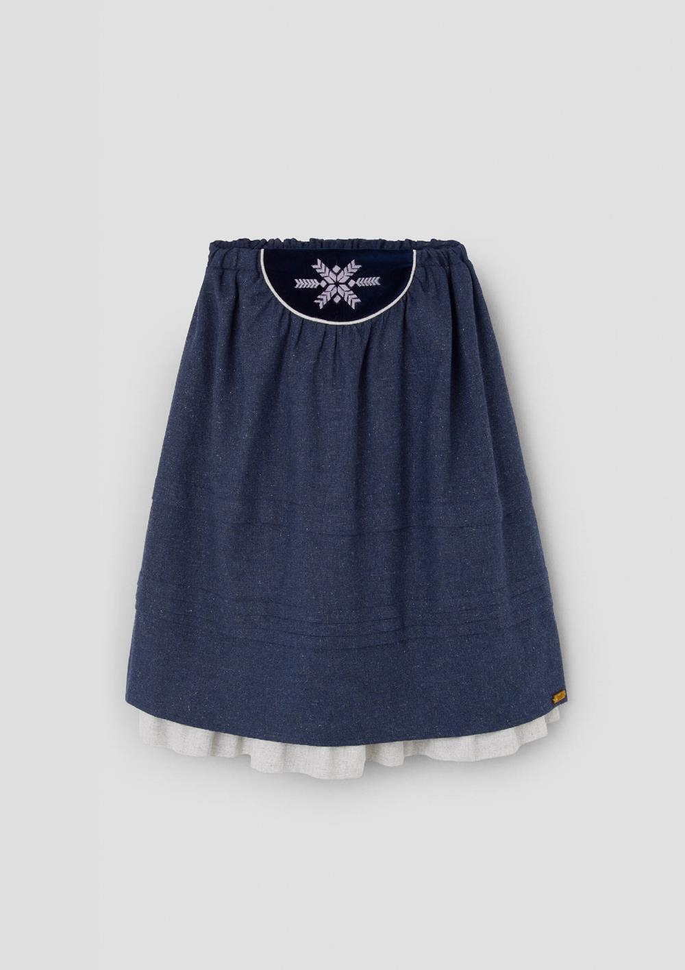 Mod.104.3 Navy blue Midi skirt with tucks and embroidered yoke | AW26.27 Mod.104.3 Navy blue Midi skirt with tucks and embroidered yoke
